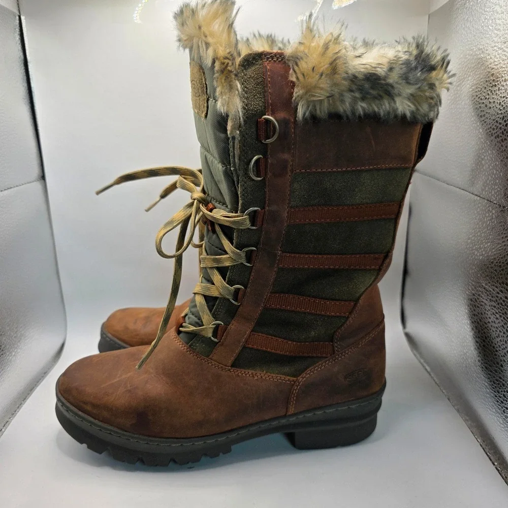 Keen Womens Wapato Boot Size 9.5 Tall Waterproof Brown Leather Lace Up Sherpa
